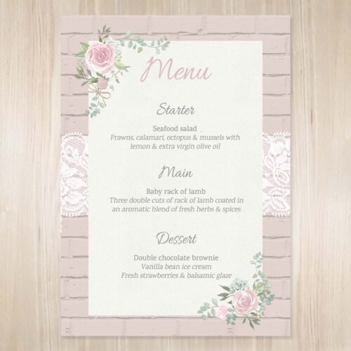 Image of rose themed wedding menu