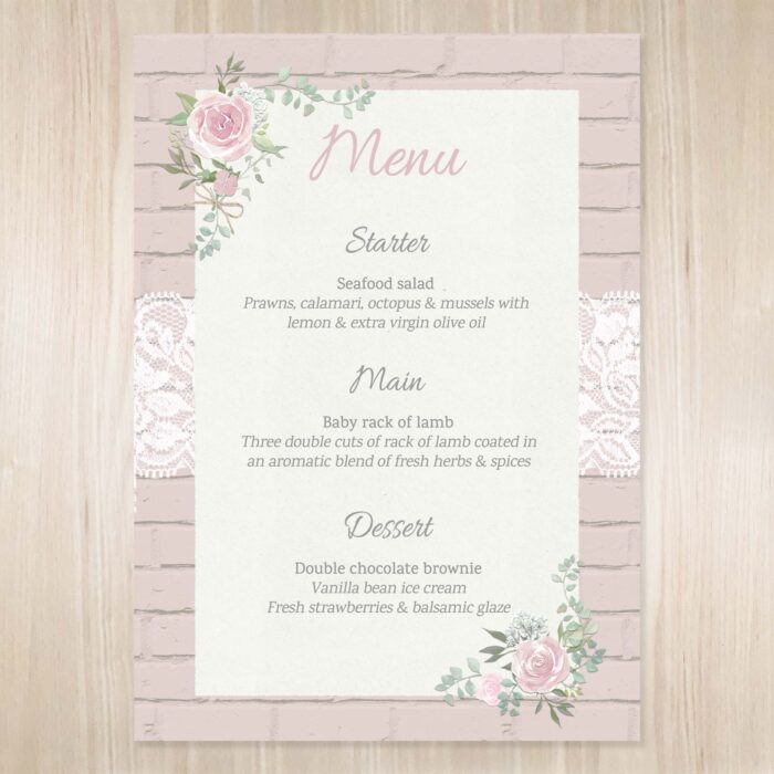 Image of rose themed wedding menu