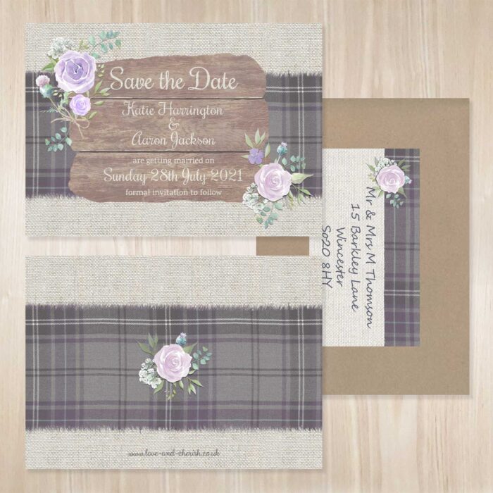 Scottish themed tartan wedding save the date.