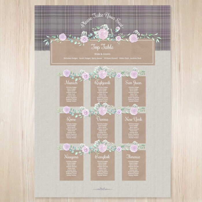 Scottish themed tartan wedding seating plan board.