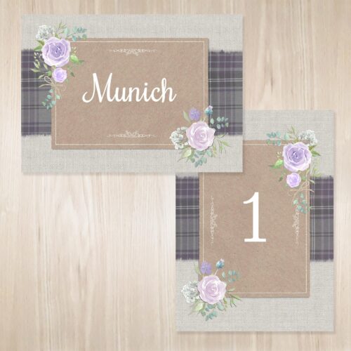 Scottish themed tartan wedding table name cards.