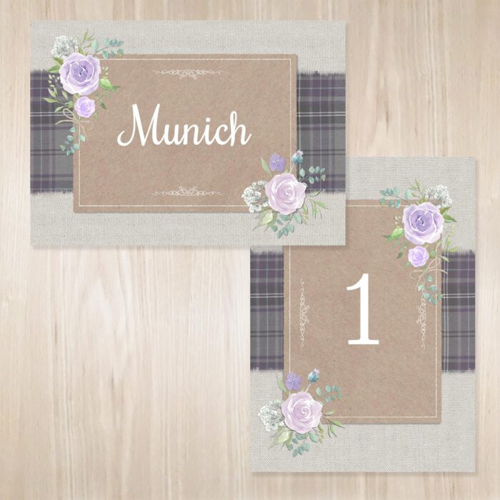 Scottish themed tartan wedding table name cards.