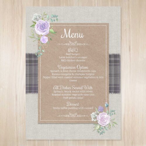 Scottish themed tartan wedding menu.