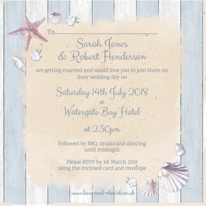 Seaside wedding invitation back.