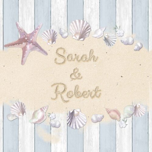 Seaside wedding invitation front.