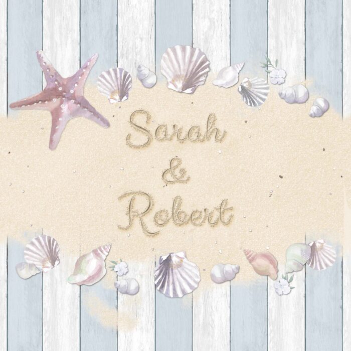 Seaside wedding invitation front.