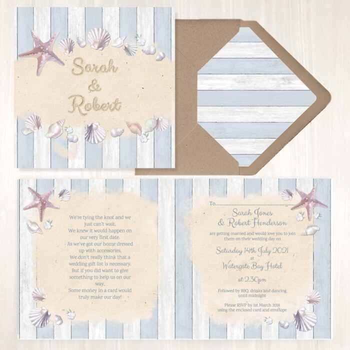 Seaside wedding invitation folded.