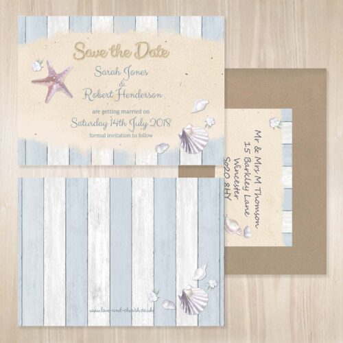 Seaside themed tartan wedding save the date.
