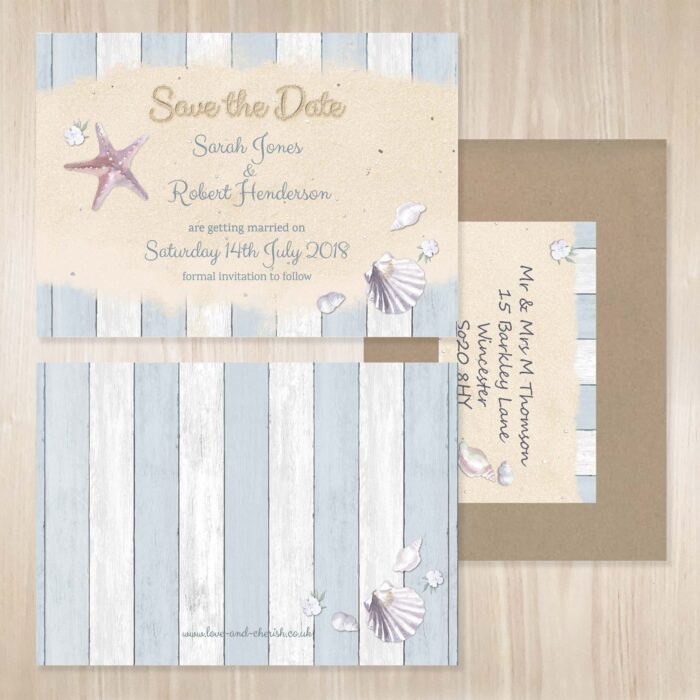 Seaside themed tartan wedding save the date.