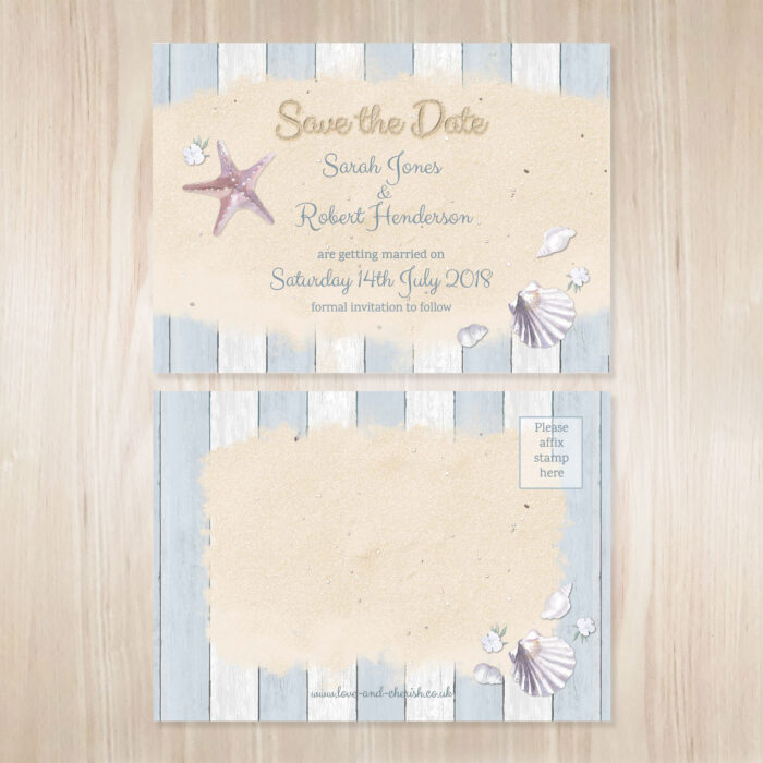 Seaside themed tartan wedding save the date.