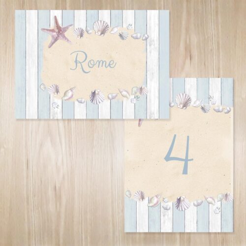 Seaside wedding table name cards.
