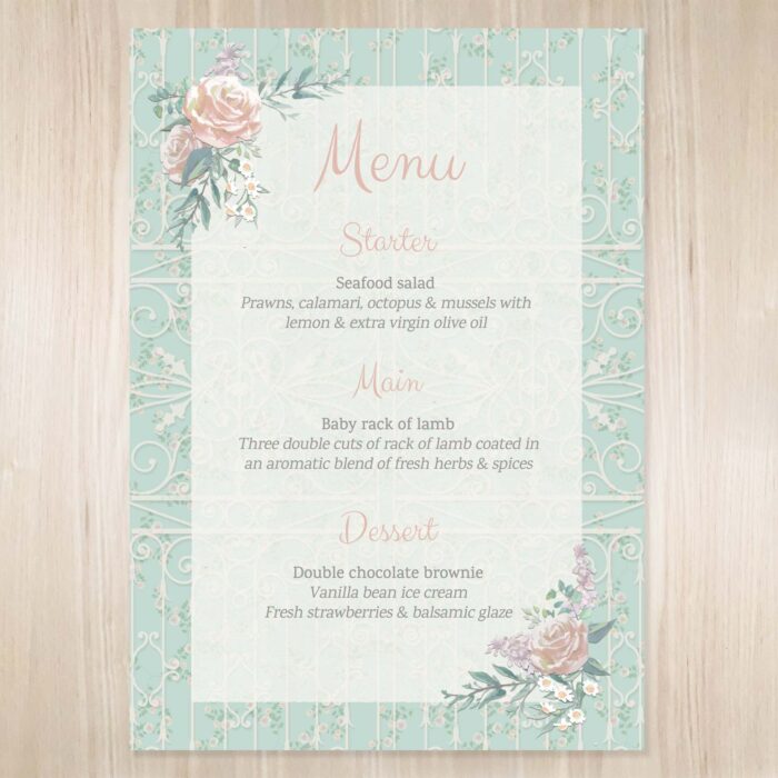 Secret garden themed wedding menu.
