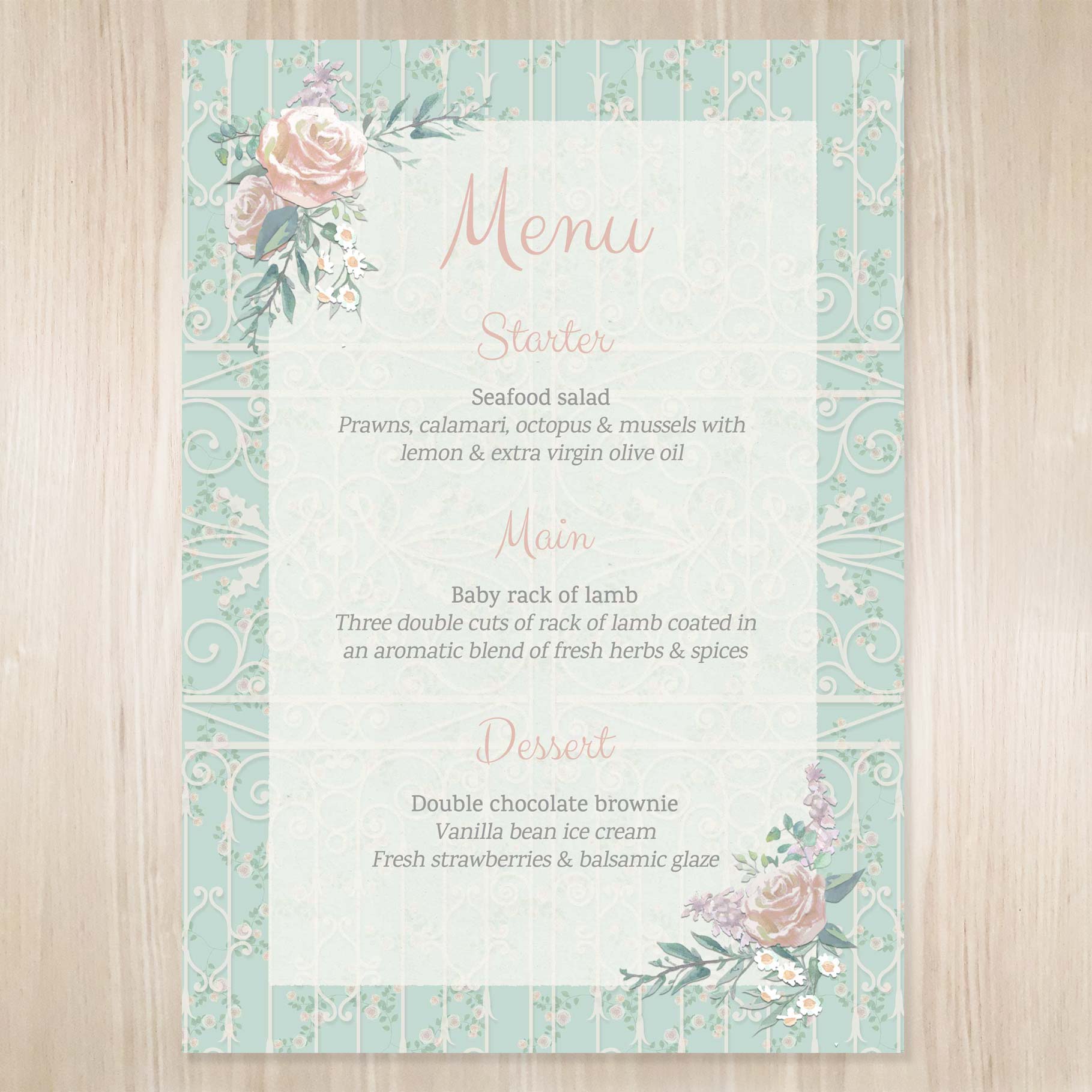 Secret garden themed wedding menu.